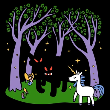 A three-headed black dog with glowing red eyes is wandering through a dense enchanted forest. Each head displays a fierce expression, and the dog's fur has an otherworldly sheen. The forest is filled with tall, twisted trees that have vibrant, luminescent leaves. Sparkling lights float gently through the air, resembling fireflies, illuminating the surroundings. Magical creatures, including a small fairy with translucent wings and a unicorn with a shimmering mane, can be seen nearby, adding to the sense of wonder and enchantment in the scene.