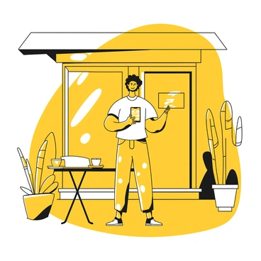 A person standing outside a cafe, holding a smartphone in their hand. The smartphone displays a "ride-sharing app" interface. The individual is wearing casual clothing, including a t-shirt and jeans. There is a small table with a coffee cup on it next to the person. The cafe's entrance is visible in the background, featuring large windows and a sign above the door. Various plants are placed around the entrance, adding detail to the scene.