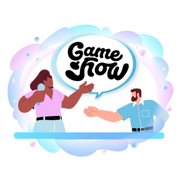 A game show host is standing next to a contestant, both in bright, colorful outfits. The host is holding a microphone and is animatedly gesturing with one hand while the other hand is pointing towards the contestant. The contestant, dressed in a casual shirt, is leaning slightly forward, appearing enthusiastic and engaged in the conversation. Behind them, a large decorative sign reads "Game Show" in bold letters. The stage features vibrant lights and decorations that create an energetic atmosphere.