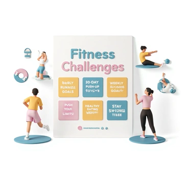 A large motivational poster on a white wall, featuring a bold title "Fitness Challenges" in vibrant colors. The poster includes a variety of fitness challenge icons and details, such as "30-Day Push-Up Challenge," "Weekly Running Goals," and "Healthy Eating Week." Each section is visually distinct, with colorful graphics and motivating phrases like "Push Your Limits!" and "Stay Strong!" The poster is surrounded by motivational images of people running, lifting weights, and practicing yoga, illustrating an active lifestyle.