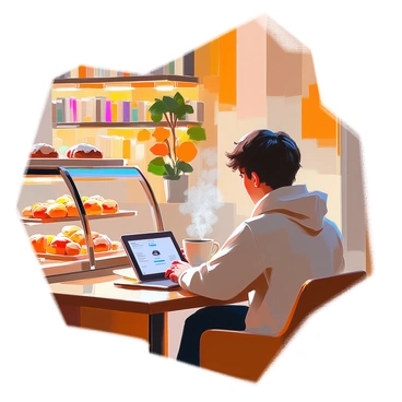 A person with medium skin sitting at a small wooden table in a cozy cafe, focused on checking their bank account balance on a tablet. The individual has short, curly hair and is wearing a warm sweater. The cafe features warm lighting, with shelves filled with books and plants in the background. A steaming cup of coffee sits next to the tablet, and there are pastries displayed in a glass case nearby. The atmosphere is inviting and relaxed.