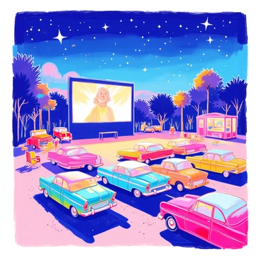 A retro drive-in movie theater is set under a starry sky filled with bright stars. Classic cars from the 1950s and 1960s are lined up in rows, showcasing vibrant colors like red, turquoise, and yellow. Each car has a distinctive design, with fins and chrome detailing. A large outdoor screen displays an iconic black-and-white movie, casting soft light onto the vehicles. The ground is covered with gravel, and nearby, a refreshment stand displays brightly colored snacks and drinks. A few people can be seen sitting in folding chairs, enjoying the film atmosphere.