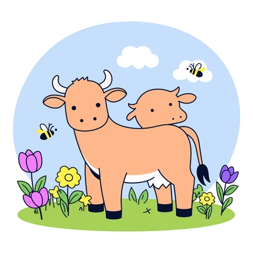 A two-headed calf with smooth, light brown fur standing in a vibrant spring meadow. The calf has two distinct heads with small ears and gentle eyes, giving it a unique appearance. Surrounding the calf are various blooming flowers in bright colors, including yellow daisies, pink tulips, and purple violets. Several small bees are buzzing around the flowers, adding a sense of liveliness to the scene. The sky above is a clear blue with a few fluffy white clouds.