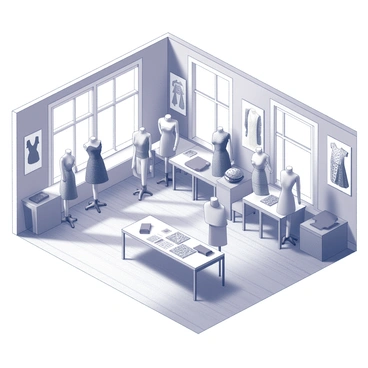 An isometric view of a fashion design studio. The studio features several mannequins in various poses, displaying unfinished garments. Surrounding the mannequins, there are multiple tables covered with fabric swatches in different textures and patterns. On the walls, there are sketches of clothing designs pinned up, showcasing intricate patterns and styles. The flooring consists of light wood planks, and large windows allow natural light to fill the space, casting shadows that enhance the details of the studio.