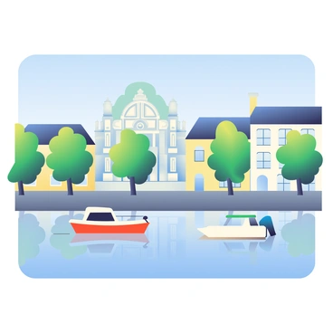 A view of the Spree River in Berlin showcases a clear blue sky above. In the foreground, a couple of boats are gently floating on the water. The boats are a mix of colors, with one being a vibrant red and another a classic white. Along the banks of the river, historic buildings exhibit intricate architectural details, with arched windows and decorative facades. The buildings are painted in soft pastel hues, including yellow, blue, and cream. Lush green trees line the riverbanks, providing a natural frame to the scene. Reflections of the boats and buildings shimmer on the surface of the water, creating a harmonious composition.