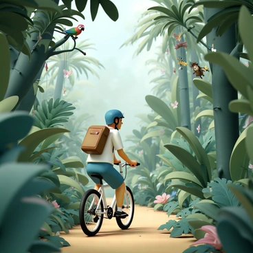 A person riding a recumbent bike, with a blue helmet and a brown backpack, navigating a narrow, winding path through a dense jungle. Lush green foliage surrounds them, with tall trees and vibrant tropical plants. Various exotic wildlife is present, including a colorful parrot perched on a branch overhead, a small monkey swinging from vines, and a few butterflies fluttering around. Sunlight filters through the leaves, casting dappled patterns on the ground, while the rider looks ahead with a focused expression, enjoying the adventurous experience.