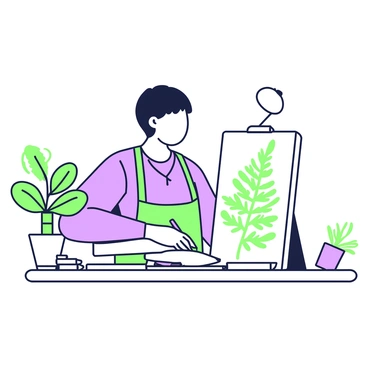 An artist is seated at a wooden table, focused intently on sketching a detailed illustration of a fern leaf. The artist has short hair and wears an apron over a simple shirt. On the table, there are various drawing tools, including pencils, an eraser, and a sketchbook open to a page displaying the fern leaf. The fern leaf itself is elegantly spread out on the table, showcasing its intricate fronds. The surrounding area includes a small potted plant adding greenery to the scene, with a soft light illuminating the setting.
