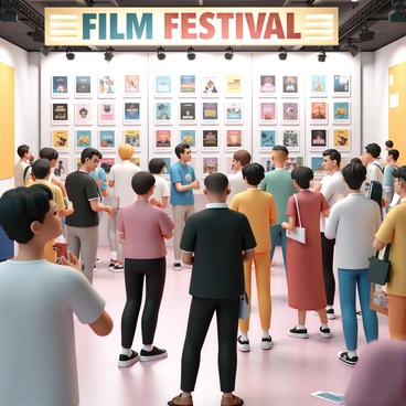 A bustling film festival scene with a variety of colorful movie posters displayed on large boards. Groups of filmmakers, consisting of a man in a black suit and a woman in a red dress, are animatedly discussing their projects. Some attendees are taking notes while others are gesturing enthusiastically. A backdrop of a bright festival banner can be seen above, with lights illuminating the area, creating an engaging atmosphere. People are mingling and networking, with some holding brochures and others sipping drinks.