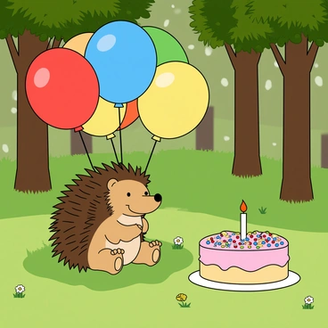 A small hedgehog with brown spines is sitting on a vibrant green patch of grass in a forest clearing. The hedgehog has a cheerful expression on its face. Surrounding the hedgehog are colorful balloons in shades of red, blue, yellow, and green, tied to a stick that is planted in the ground. In front of the hedgehog, there is a round cake with pink frosting and colorful sprinkles on top, adorned with a single lit candle. The background features tall, lush trees with dappled sunlight filtering through the leaves, and a few wildflowers scattered around the clearing.
