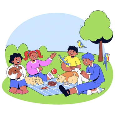 A group of children from different neighborhoods is gathered in a park, smiling and laughing as they interact with their pets. One child is holding a small brown dog with floppy ears, while another is cuddling a fluffy white cat. A girl with pigtails is playing with a golden retriever, tossing a red ball for it to fetch. Nearby, a boy is gently petting a colorful parakeet perched on his shoulder. The park features green grass, a few trees providing shade, and a clear blue sky above. In the background, there is a picnic blanket spread out with some snacks laid on it.