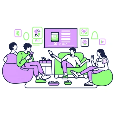 A group of four friends is gathered in a cozy living room. One friend is sitting on a large, comfortable couch with a remote control in hand, scrolling through a streaming service interface displayed on a flat-screen television mounted on the wall. Another friend is leaning forward, engaged in conversation, while the third friend is lounging on a bean bag chair, looking at their phone and suggesting titles. The fourth friend is seated on the floor, surrounded by snacks in bowls and a large pizza box, smiling and sharing their favorite movie ideas. The room is warmly lit, with posters of various movies hanging on the walls, creating an inviting atmosphere for movie night.