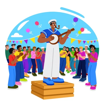 A strong sailor with a white sailor hat and a blue shirt is playing a banjo while standing on a wooden crate. He has muscular arms and a pipe in his mouth. The character is surrounded by a cheerful crowd of diverse people, all clapping and smiling. Some audience members are dancing, while others are laughing and enjoying the performance. Colorful balloons and streamers are hanging overhead, enhancing the festive atmosphere of the lively gathering. The background features a warm, sunny day with bright blue skies.