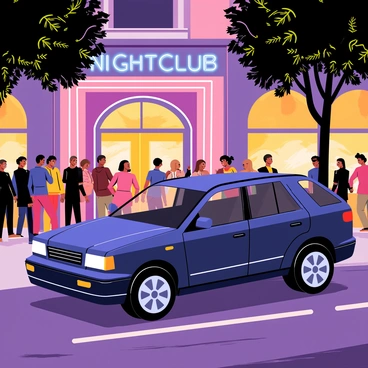 A stylish crossover SUV with a sleek design and glossy finish is parked on a street outside a bustling city nightclub. The SUV features shiny alloy wheels and tinted windows, reflecting the vibrant atmosphere around it. The nightclub has a large entrance adorned with bright neon lights in various colors, casting a lively glow on the pavement. A crowd of diverse people is gathered near the entrance, dressed in fashionable attire, creating an energetic scene. Trees lining the sidewalk are illuminated by the colorful lights, enhancing the nightlife ambiance.