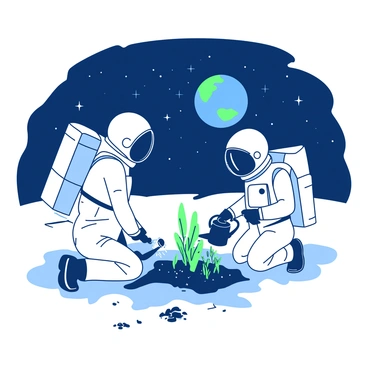 A duo of astronauts in white space suits is seen tending to a small garden on the surface of the moon. One astronaut is kneeling down, carefully planting seeds in the lunar soil, while the other is holding a watering can and is poised to sprinkle water over the freshly planted area. The garden features small green plants that stand out against the gray lunar landscape. In the background, Earth is visible in the sky, appearing as a vibrant blue and green sphere. The stars twinkle faintly in the dark expanse surrounding the scene.
