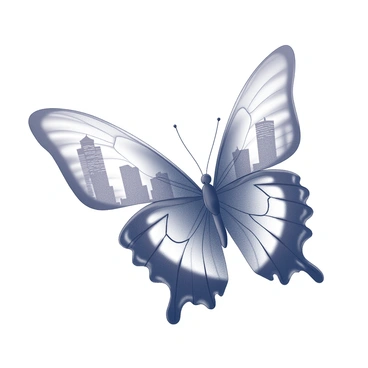A butterfly with intricate wing patterns is perched delicately on a surface. The wings are open wide, displaying a detailed reflection of a city skyline. The skyline includes various skyscrapers with distinct architectural designs, such as tall, slender buildings and wider, boxy structures. Light and shadow play across the buildings, creating a sense of depth. The butterfly's body is finely detailed, with textures visible on its thorax and abdomen. The scene is set against a plain background that emphasizes the butterfly and its captivating wings.