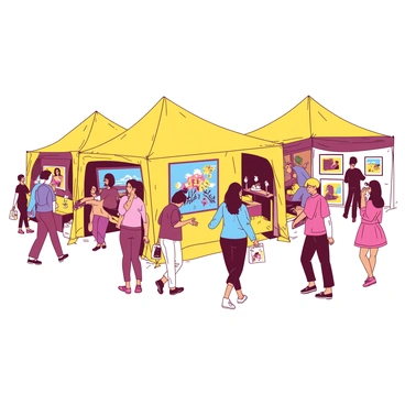 A yellow outdoor art fair is taking place, featuring colorful tents in various shades scattered across the scene. Each tent has unique designs displaying the artworks of local artists. A diverse group of people is walking through the fair, stopping to admire various pieces on display. Some individuals are engaged in conversation, while others are actively observing the artworks. There are vibrant paintings and sculptures showcased under the tents, and a few people are holding small bags containing art purchases. The atmosphere is lively as attendees explore the creativity of the local art scene.
