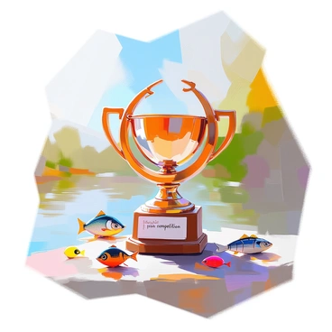A unique trophy shaped like a fishing hook stands prominently on a wooden pedestal. The trophy has a glossy finish, reflecting light with a shimmering quality. It features small details such as engraved fish and water waves along its curve. Surrounding the trophy are playful elements from the fishing competition, including colorful fishing lures and a few small fish displayed nearby. A banner below the trophy reads "Playful Fishing Competition," emphasizing the lighthearted spirit of the event. The setting shows hints of a sunny day at a lakeside, with lush greenery in the background.