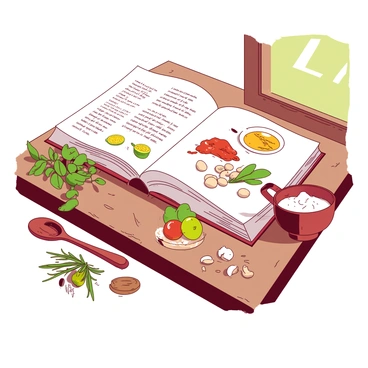 An open recipe book lies on a wooden kitchen counter, displaying detailed sketches of various "chataigne" dishes on its pages. Surrounding the book, there are vibrant cooking ingredients scattered across the counter. A small heap of "chataigne" nuts is positioned next to the book, alongside a bunch of fresh herbs. There are also slices of vegetables, a wooden spoon, and a measuring cup filled with flour. The warm light from a window casts soft shadows across the scene, highlighting the textures of the ingredients and the pages of the recipe book.