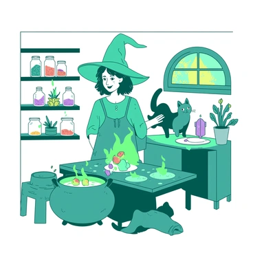 A teal witch with a warm smile is standing over a bubbling cauldron in her white cottage. The cauldron is full of a glowing potion with colorful ingredients floating in it. Surrounding her are wooden shelves filled with various magical ingredients, such as jars of shimmering powders, dried herbs, and brightly colored crystals. A small window lets in soft light, illuminating the cozy interior filled with rustic furniture and a few enchanted plants. A black cat is curled up on the table, watching the witch with curious eyes.