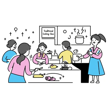 A woman dressed in a "Maria Clara" outfit, featuring a traditional blouse and skirt, stands at the front of a kitchen. She is demonstrating how to prepare traditional dishes, holding a wooden spoon and smiling. Around her are several participants, each focused on their own cooking stations, chopping vegetables or stirring pots. The kitchen is organized with ingredients laid out neatly on the counters, and a large pot simmering on the stove. "Traditional Cooking Class" is written on a chalkboard in the background.