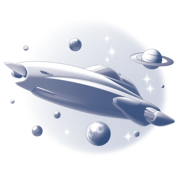 A sleek spaceship is flying through outer space. It has a streamlined design with visible engines and a glossy surface. The background is filled with numerous planets, each with distinct shapes and sizes, some with rings and others with craters. Bright stars are scattered throughout the scene, twinkling in various patterns. The spaceship is positioned dynamically, creating a sense of movement as it navigates through the celestial landscape.