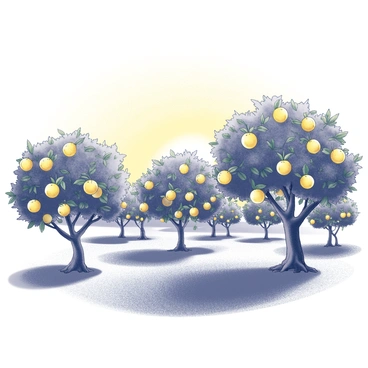 A grove filled with numerous citron trees, their branches heavy with ripe, yellow citrons hanging among lush green leaves. The scene showcases the texture of the tree trunks, gnarled and strong, contrasting with the delicate fruit. The horizon is filled with a vast expanse of sky, displaying the soft gradients of a sunset, creating a warm atmosphere that envelops the grove. Shadows stretch across the ground, formed by the trees and their fruit, suggesting the fading light of the day.