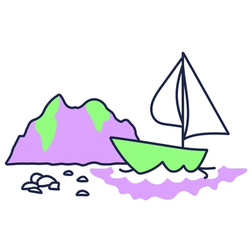 A small boat is gliding across the water, moving towards a rocky shore. The boat features a simple design with a single sail, which is catching the wind. In the background, waves gently lap against the jagged rocks that form the shoreline. The rocky shore is uneven and rugged, with patches of greenery peeking through. The atmosphere suggests a sense of hope, as the boat inches closer to the safety of land. The shoreline has a few scattered driftwood pieces and shells scattered on the sand.