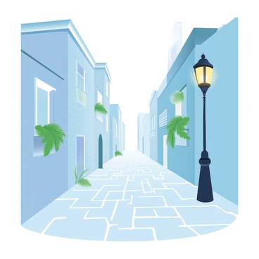 A narrow alleyway lined with tall buildings on either side, casting elongated shadows onto the cobblestone pavement below. The buildings exhibit a mix of architectural styles, showcasing intricate details and varying heights, contributing to a sense of depth. Soft sunlight filters down the alley, highlighting the textures of the walls and the ground. Lush greenery peeks from small balconies and window boxes, adding a touch of color amid the stone facades. A vintage streetlamp stands at the entrance of the alley, its warm glow contrasting with the cool tones of the surroundings.