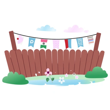 A wooden fence surrounding a community space is adorned with a variety of colorful banners. Each banner features different cultural symbols and patterns, representing the diverse backgrounds of the community members. The banners are strung along the top of the fence, waving gently in the breeze. In the foreground, a small flower bed with blooming flowers adds vibrant hues to the scene. Lush green grass surrounds the fence, further enhancing the festive atmosphere.