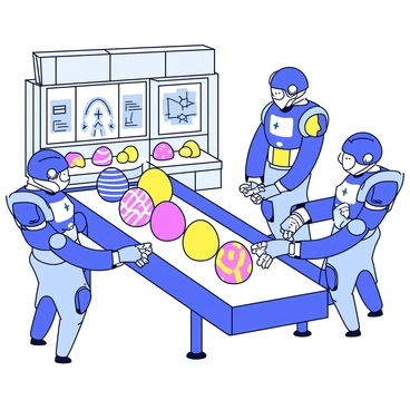A futuristic factory filled with large machines and bright lighting. Inside, various robots with sleek designs are diligently assembling "Easter eggs" of different colors and patterns. The eggs are being placed on a conveyor belt that runs through the center of the factory. The background features large screens displaying digital designs, while robotic arms carefully apply intricate details to the eggs as they move down the line.