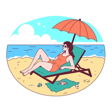 A person is lounging on a teal beach chair, wearing a vibrant orange tank top and matching shorts. The chair is positioned on warm, golden sand with gentle waves lapping at the shore in the background. A small orange umbrella is providing shade over the chair, and a pair of white sunglasses rests on the person's face. Nearby, there is a teal beach towel spread out on the sand with a few colorful seashells scattered around. The calm sea reflects the blue sky dotted with a few fluffy white clouds.