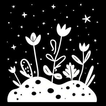 A garden suspended in space, featuring various plants with luminescent qualities. The plants have delicate, ethereal shapes, each emitting soft light that creates a gentle ambiance. The garden is surrounded by a backdrop of countless stars scattered across the void of space. Some plants have long, flowing tendrils that drift gracefully, while others stand tall with vibrant leaves. There is an intricate representation of floating soil patches, supporting the roots of the plants. The scene conveys a serene balance between the organic forms of the garden and the vast emptiness of the universe surrounding it.