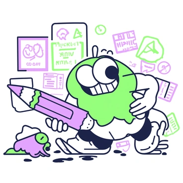 A cartoon character, with exaggerated features and vibrant colors, is attempting to use a giant pencil as a tool. The character, with large expressive eyes and a wide grin, stands in a cluttered workspace covered in drawings and papers. The oversized pencil is awkwardly balanced in the character's hands, causing them to stumble slightly. Nearby, a messy spill of ink has occurred, with ink splashes on the floor and scattered sheets. In the background, a wall is adorned with various humorous sketches that showcase different mishaps. The character's body language conveys a mixture of determination and comedic frustration.