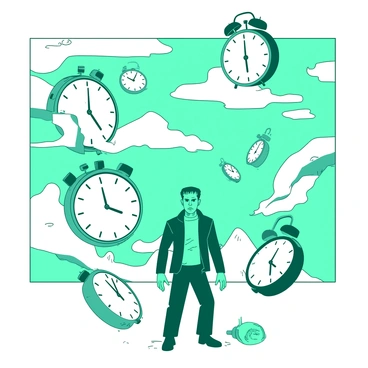 A white and teal surreal landscape features Frankenstein's monster standing in the center. The monster has green skin and is wearing tattered clothing. Surrounding the monster are numerous floating clocks, each displaying different times. Some clocks are large and elaborate, while others are small and simple. The clocks are arranged in various orientations, some tilted and others upside-down, creating a sense of disorientation. The sky above is a blend of unique shapes and forms, enhancing the dreamlike atmosphere of the scene.