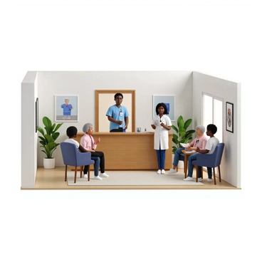 A health clinic interior featuring a welcoming reception area with a wooden front desk and comfortable seating. The clinic is staffed by diverse medical professionals, including a Black female doctor, a Hispanic male nurse, and an Asian female physician, all wearing scrubs and name tags. They are engaged in conversations with a variety of patients, including a senior man with gray hair and a young woman with curly hair. The walls are adorned with health posters, and there are potted plants adding a touch of greenery to the environment. Each medical professional is attentive, embodying a sense of care and compassion as they provide personalized care to their patients.