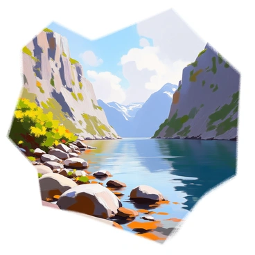 A majestic Norwegian fjord characterized by steep cliffs rising dramatically on both sides. The cliffs are adorned with lush greenery, showcasing vibrant vegetation clinging to the rocky surfaces. The water channel is calm and reflects the towering cliffs, creating a mirror-like effect across its surface. In the foreground, scattered boulders line the water's edge, while in the distance, the fjord opens up to reveal a stunning expanse of deep blue water. Soft clouds drift across the sky, adding to the tranquil atmosphere of the scene.