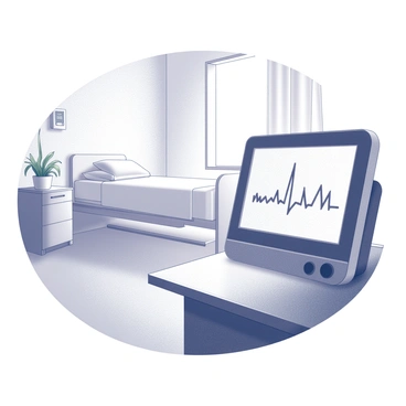 A heartbeat monitor displaying a clear line graph representing heartbeats. The monitor is situated on a bedside table in a hospital room. The room features sterile white walls and medical equipment. There is a hospital bed with neatly arranged white linens and a pillow. A window allows soft light to filter in, illuminating the room. A small potted plant adds a touch of greenery to the environment.