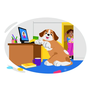 A cozy home office setting with a desk featuring a computer displaying a live webinar on the screen. In the foreground, a playful puppy with fluffy fur jumps up onto the desk, its front paws resting on the keyboard. The puppy has a cheerful expression, tongue out, seemingly trying to get the attention of the person on the other side of the screen. On the side of the desk, a colorful coffee mug spills slightly, adding to the chaos. In the background, a child with curly hair peeks around the door frame, giggling, holding a toy in one hand, adding a sense of lightheartedness to the scene. The room is well-lit, and there are scattered toys and books on the floor, enhancing the lively atmosphere.