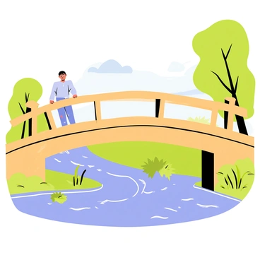 A person standing alone on a wooden bridge. The person has short brown hair and is wearing a light blue shirt. They are leaning on the railing, gazing down at the flowing river beneath. The river has clear blue water with small ripples, and various green plants are visible along its banks. The sky is partly cloudy, and the sunlight creates reflections on the water's surface. The bridge is surrounded by trees with lush green leaves, adding to the tranquil atmosphere.