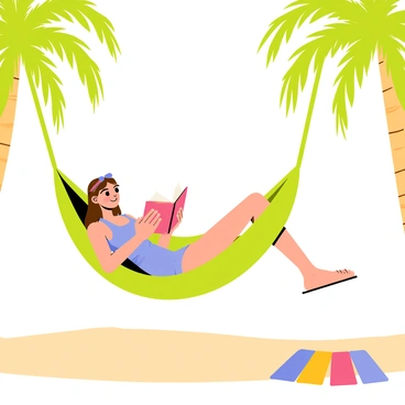 A woman with long, flowing brown hair is lying comfortably in a vibrant green hammock. She is wearing a light blue sundress and has a pair of sunglasses resting on her head. In her hands, she holds an open book, its pages slightly fluttering in the gentle breeze. Surrounding her are tall palm trees with lush green fronds, creating a dappled shade above her. The ground below is covered in soft, warm sand, and a few colorful beach towels are spread nearby. The scene conveys a peaceful atmosphere of relaxation and enjoyment in a tropical setting.