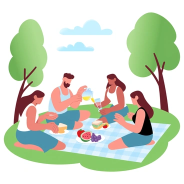 A group of four friends is sitting on a checkered picnic blanket spread on the green grass of a sunny park. One friend is pouring lemonade from a pitcher into clear glasses while another is arranging an assortment of colorful fruits such as strawberries, grapes, and slices of watermelon on a white plate. The third friend is holding a sandwich, and the fourth is reaching for a bag of chips. Surrounding them are tall trees with bright green leaves, and a gentle breeze rustles through the branches. In the distance, a blue sky is visible, dotted with a few fluffy white clouds.