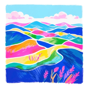 A t-shirt features a landscape depicting "rolling hills" in various shades of green. The hills are gently undulating, creating a sense of depth and distance. Above the hills, there is a "clear blue sky" with a few soft, white clouds scattered throughout. The design captures the natural beauty of the outdoors, with the hills gradually rising and falling, creating a harmonious scene.