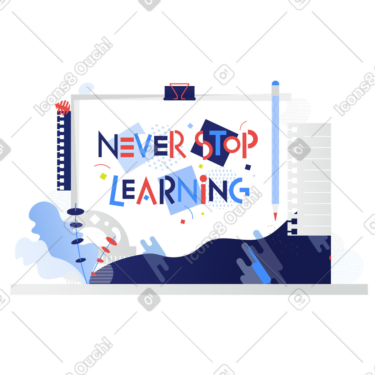 Ilustración Notebook with Never stop learning phrase, Study motivation and education encouragement en estilo Clip a descargar en PNG y SVG