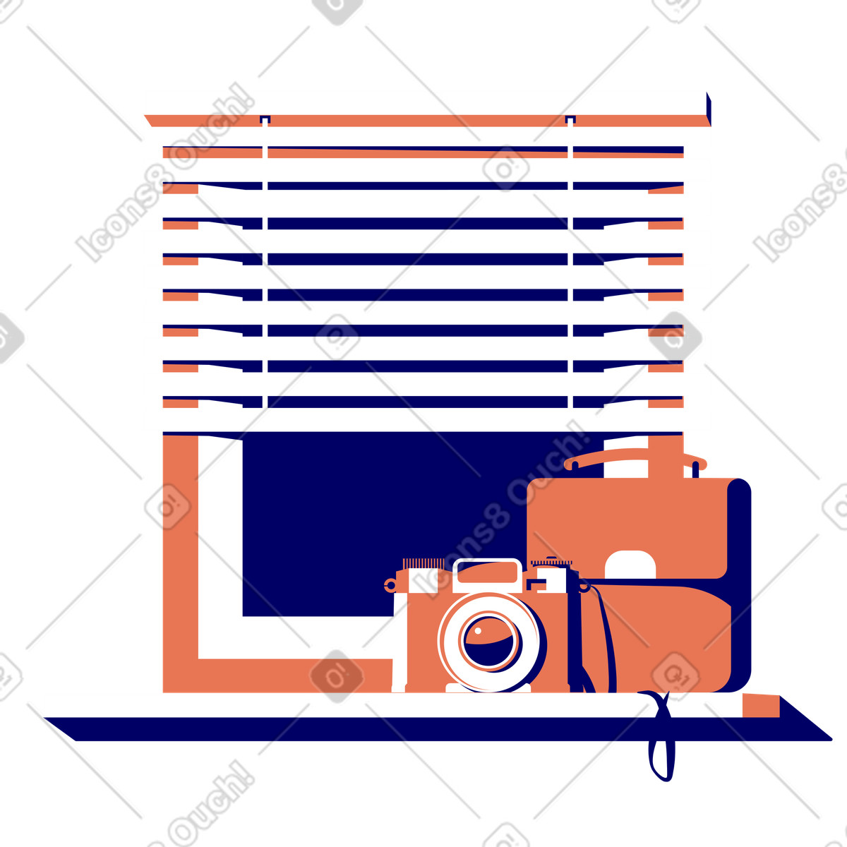 下载 Lounge 风格的 窗台上的相机和公文包 插画，支持 PNG、SVG 格式