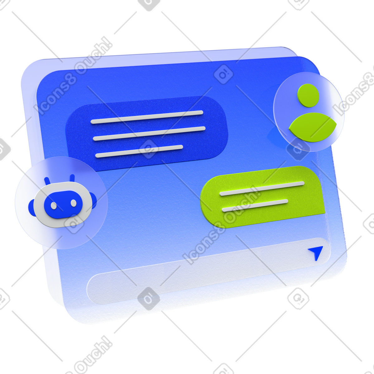 Ilustración Conversación de chatbot, comunicación entre usuarios e inteligencia artificial, interfaz usuario asistente digital en estilo 3D Enterprise a descargar en PNG y SVG
