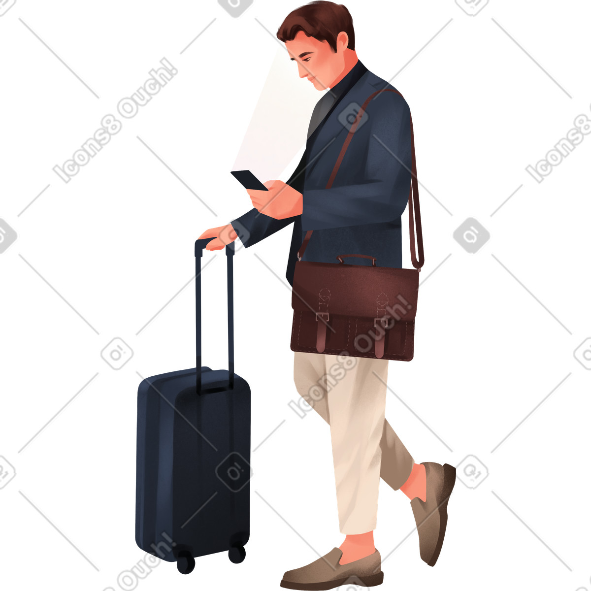 Illustration Un homme avec une valise va quelque part en regardant son téléphone dans le style Demure à télécharger aux formats PNG, SVG
