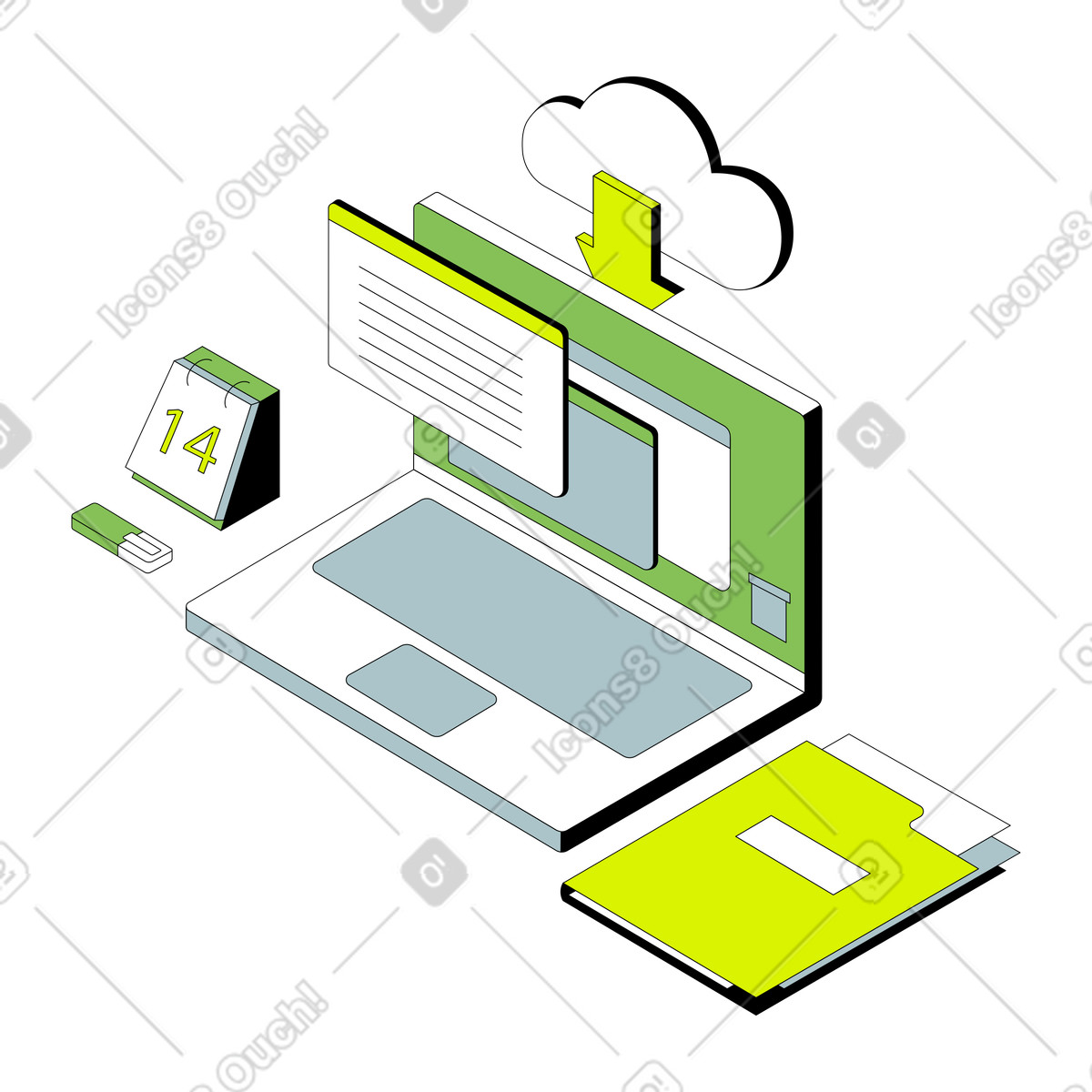 Illustration Télécharger des fichiers du cloud vers un ordinateur portable dans le style Isometric à aux formats PNG, SVG