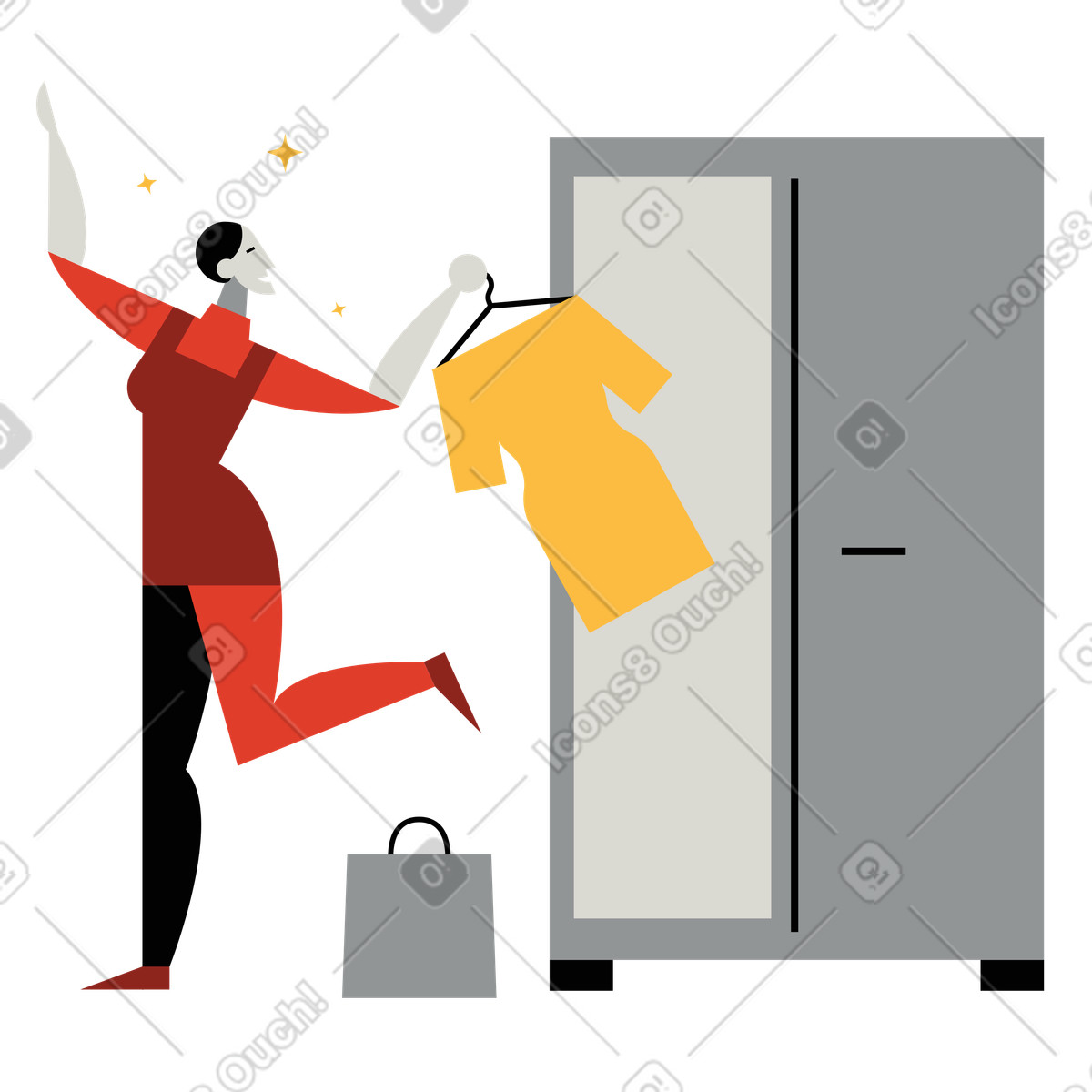 Illustration Une femme sort nouvelle robe de sa garde-robe dans le style Burgundy à télécharger aux formats PNG, SVG