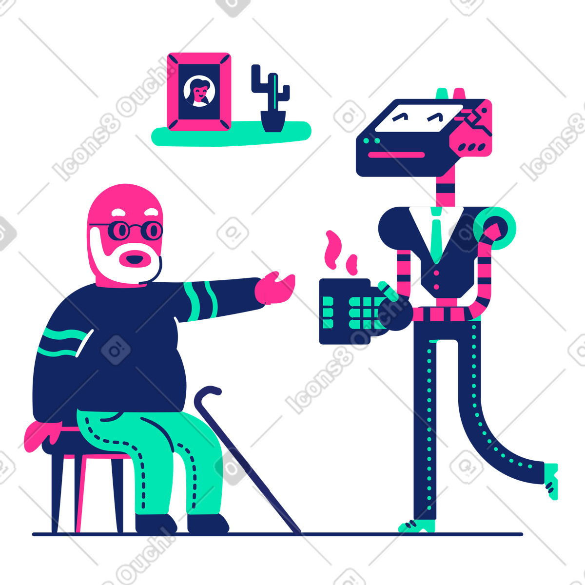 Ilustração de Robô assistência a idosos leva uma xícara chá para um idoso em no estilo Cyborg baixar em PNG, SVG