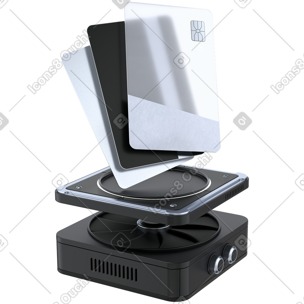下载 3D Pro 风格的 Credit card reader device with floating contactless payment cards concept 插画，支持 PNG、SVG 格式